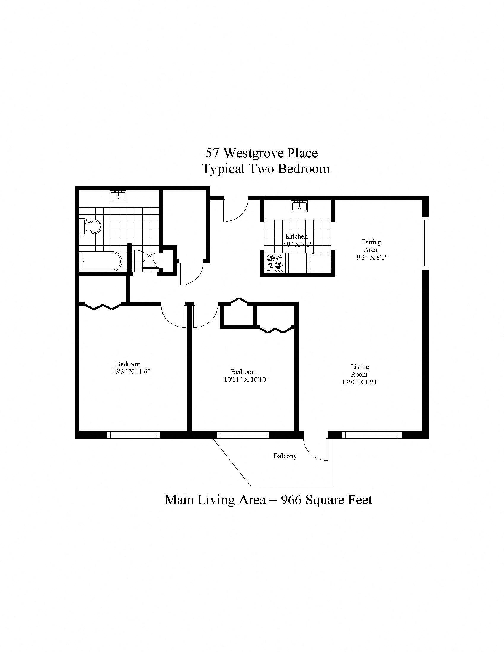 Floor plan for 2 beds, 1 bath, 1053 sqft